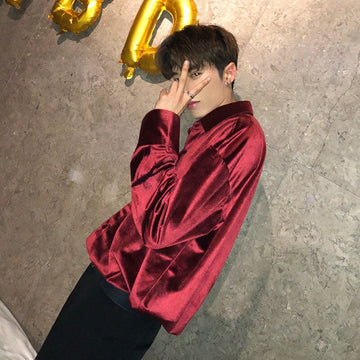 Wiaofellas Velvet Red Luxury Clothes For Mens Burgundy Velour Shirts Mens Retro Elegant Plush Blouse Black Mens Shirts Unusual Party Club
